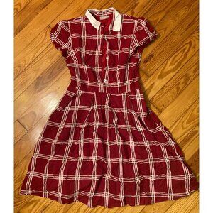 eShakti Red and White Plaid Collared Shirt Dress
